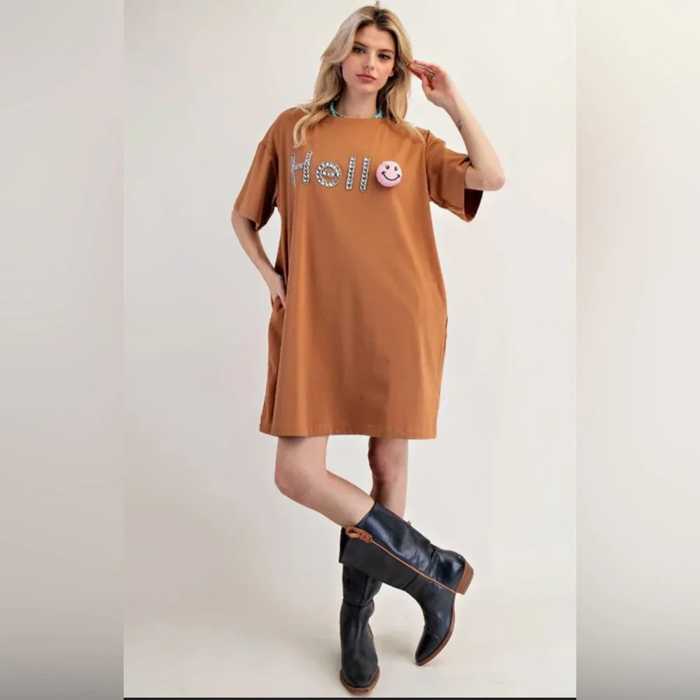 1109 - EASEL Brown Graphic T Shirt Dress Y2K Streetwear Oversized - NEW - Size L